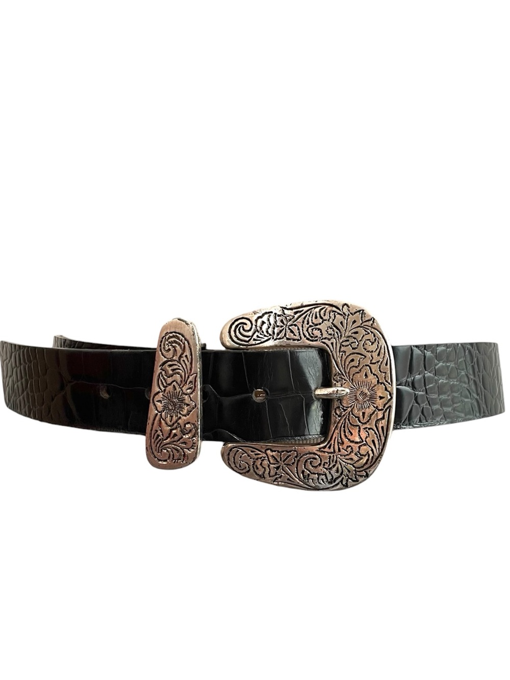 Streets Ahead Wide Black Leather Floral Buckle Braun Belt Size Large
